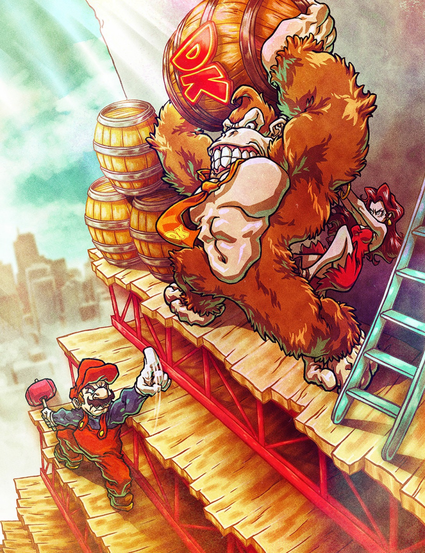 2018 anthro ape barrel breasts brown_body brown_fur building clothing cloud day detailed_background donkey_kong_(character) donkey_kong_(series) female footwear fur gloves group hammer handwear haplorhine hi_res human male mammal mario mario_bros mayor_pauline necktie nintendo primate sky svonbuchwald teeth tools trio video_games