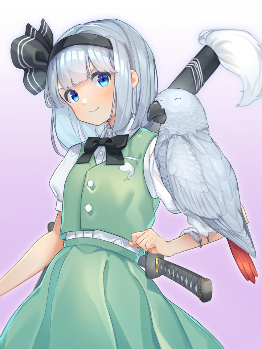 1girl african_grey_parrot animal animal_on_arm bangs bird bird_on_arm black_bow black_bowtie black_hairband black_ribbon blue_eyes blush bob_cut bow bowtie buttons commentary_request cowboy_shot eyebrows_visible_through_hair gradient gradient_background green_skirt grey_hair hair_ribbon hairband highres hitodama_print katana konpaku_youmu looking_at_viewer parrot puffy_sleeves purple_background ribbon scabbard sheath sheathed shirt short_hair short_sleeves sidelocks simple_background skirt skirt_set smile solo sword touhou v-shaped_eyebrows vest wakizashi wankosoba weapon white_background white_shirt