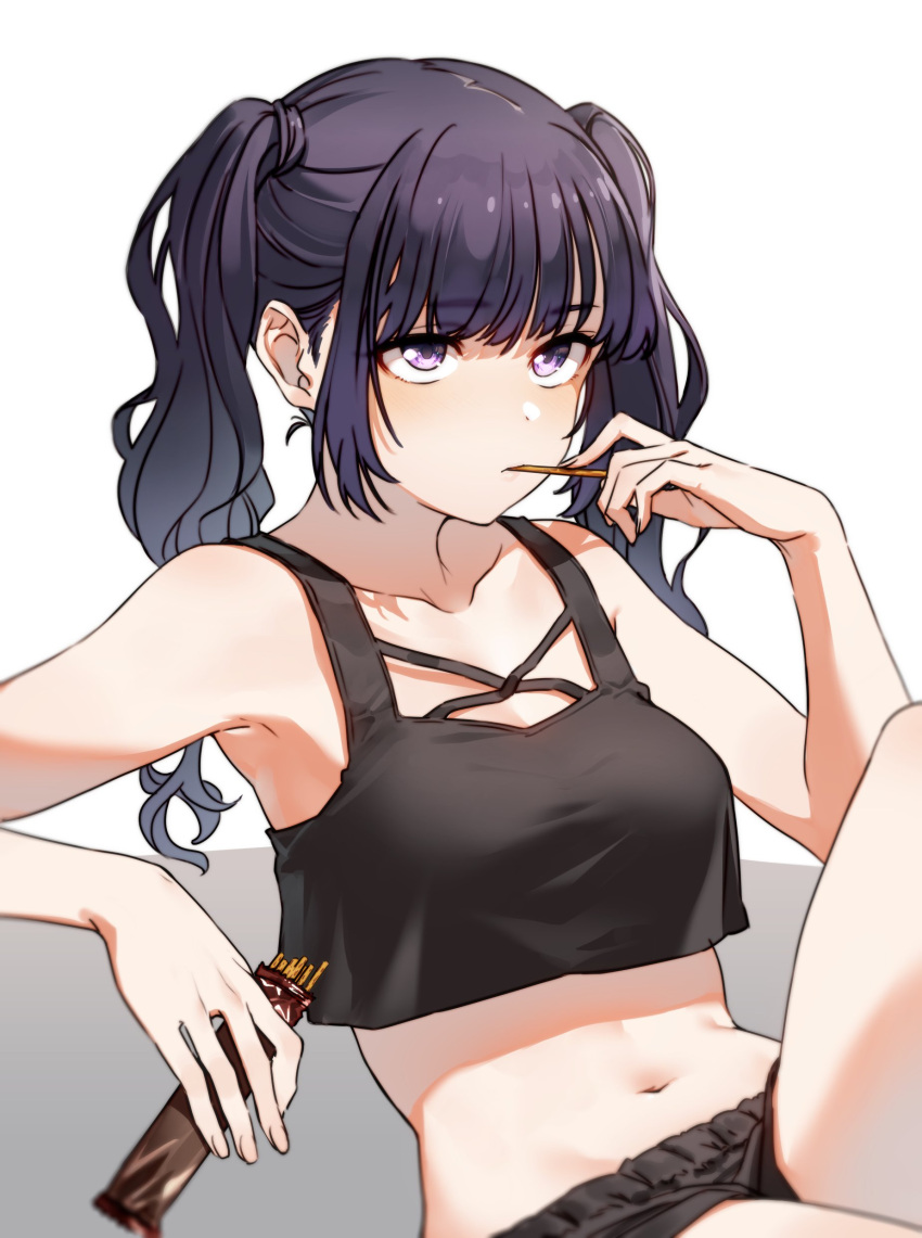 1girl absurdres bangs bare_arms bare_shoulders black_shorts black_tank_top breasts closed_mouth collarbone cowboy_shot crop_top crop_top_overhang eating eyebrows_visible_through_hair fingernails food food_in_mouth grey_background hair_between_eyes hand_up highres holding holding_food holding_pocky kakaobataa knee_up light_blush long_hair looking_away medium_breasts midriff navel original pocky purple_eyes purple_hair short_shorts shorts sidelocks sitting solo stomach tank_top twintails two-tone_background white_background