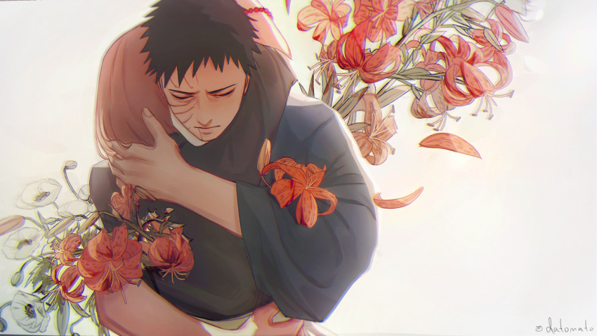 1boy 1girl black_hair black_shirt bracelet closed_eyes closed_mouth colored_skin commentary_request datomato flower from_behind hand_in_another's_hair highres hug jewelry multicolored_skin mutual_hug naruto_(series) naruto_shippuuden nohara_rin scar scar_on_face shirt short_hair two-tone_skin uchiha_obito wide_sleeves