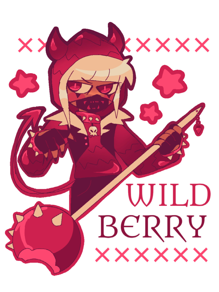 bangs blunt_bangs blush_stickers bracelet candy character_name charm_(object) collar cookie_run dark-skinned_female dark_skin demon_horns demon_tail fake_horns fingerless_gloves fingernails food food-themed_weapon gloves highres holding holding_weapon hood hoodie horned_headwear horns humanization jewelry lollipop long_fingernails long_sleeves looking_to_the_side mixtercandy nail_polish narrowed_eyes pink_eyes skull_choker sleeveless sleeveless_jacket spiked_bracelet spiked_collar spikes tail v-shaped_eyebrows weapon white_hair wild_strawberry_cookie