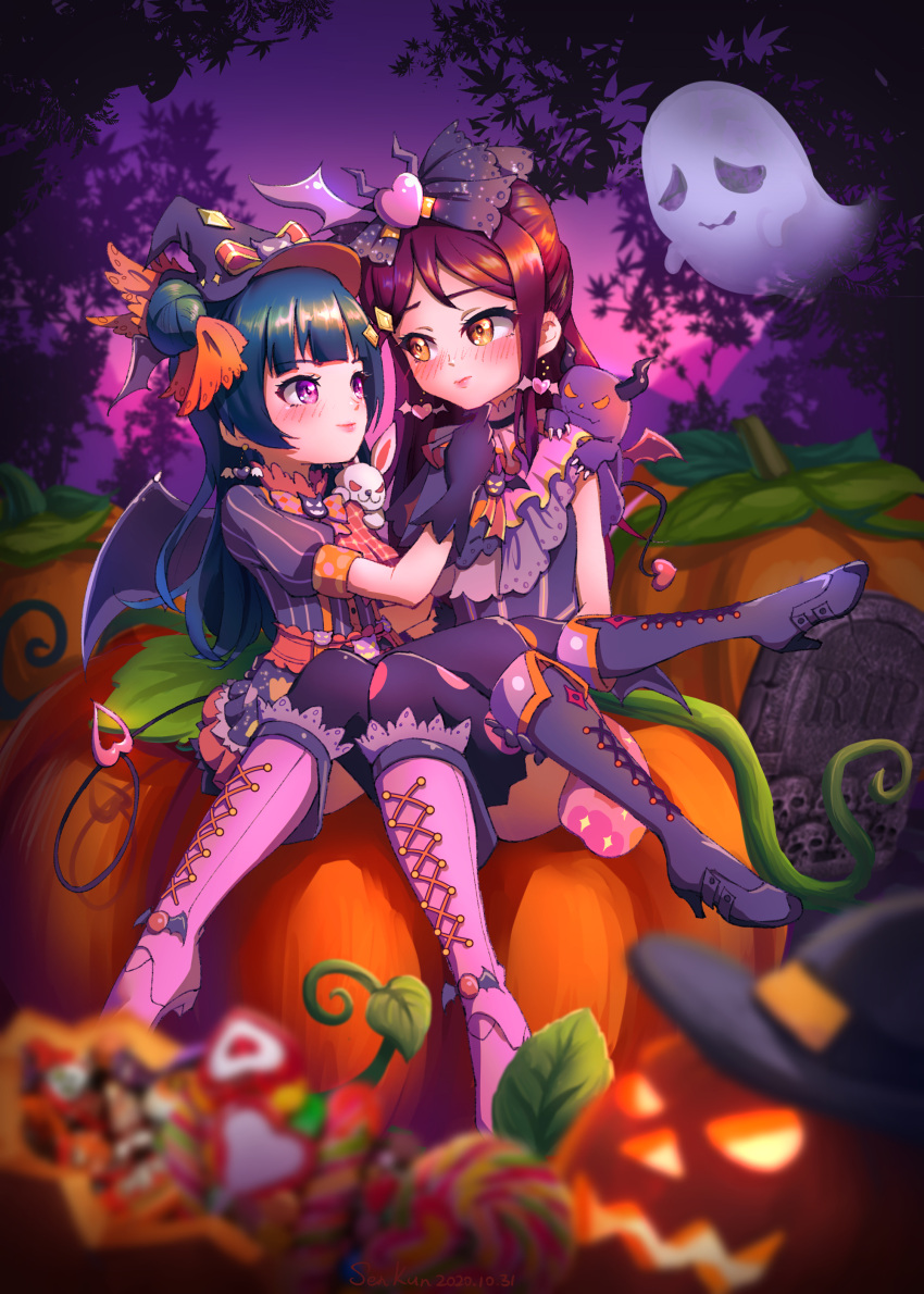 2girls absurdres artist_name ascot bangs bat_wings blunt_bangs blurry blurry_foreground blush boots bow carrying closed_mouth commentary cross-laced_footwear dark_blue_hair dated demon_tail english_commentary frilled_bow frills ghost hair_bow halloween hand_on_another's_chin hat highres jack-o'-lantern knee_boots lace-up_boots light_smile long_hair love_live! love_live!_school_idol_festival love_live!_sunshine!! mixed-language_commentary multiple_girls neck_ruff night official_alternate_costume on_lap on_pumpkin on_shoulder oversized_object pink_footwear pinstripe_pattern princess_carry puffy_short_sleeves puffy_sleeves purple_bow purple_eyes purple_footwear purple_headwear purple_legwear purple_shirt purple_sky red_hair sakurauchi_riko senkun shirt short_sleeves side_bun single_bang sitting sleeveless striped striped_shirt stroking_another's_chin tail tombstone tsushima_yoshiko vertical-striped_shirt vertical_stripes wings witch_hat yellow_eyes yuri