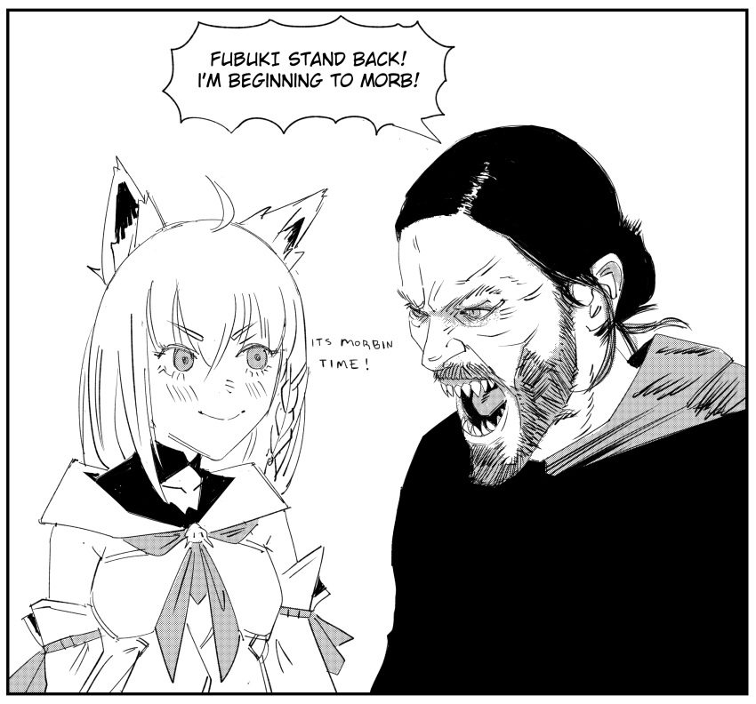 1boy 1girl absurdres animal_ear_fluff animal_ears bangs crossover english_commentary english_text fox_ears greyscale hair_behind_ear highres hololive hood hoodie marvel monochrome morbius morbius_(film) sharp_teeth shirakami_fubuki sketch smile teeth virtual_youtuber xyanaid