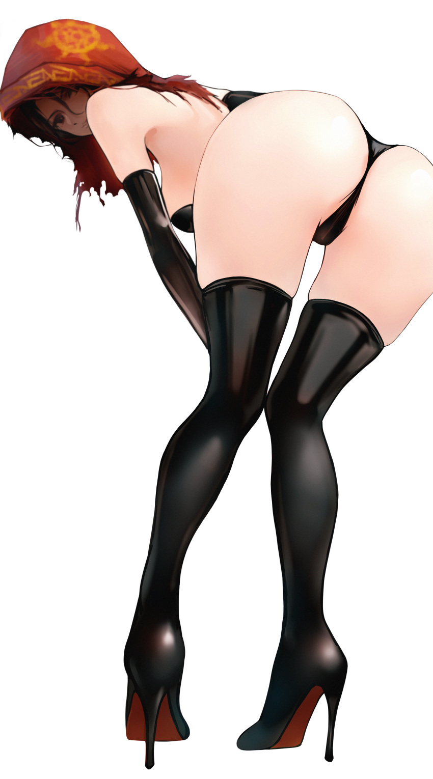absurdres ass ass_focus bare_shoulders black_bra black_footwear black_gloves black_legwear black_panties boots bra breasts cl_(summer_sama) dark_souls_(series) dark_souls_ii desert_sorceress elbow_gloves from_behind full_body gloves high_heel_boots high_heels highres hood hood_up leaning_forward looking_at_viewer looking_back medium_breasts panties parted_lips shaded_face simple_background skindentation strapless strapless_bra thigh_boots thighhighs thighs thong underwear white_background