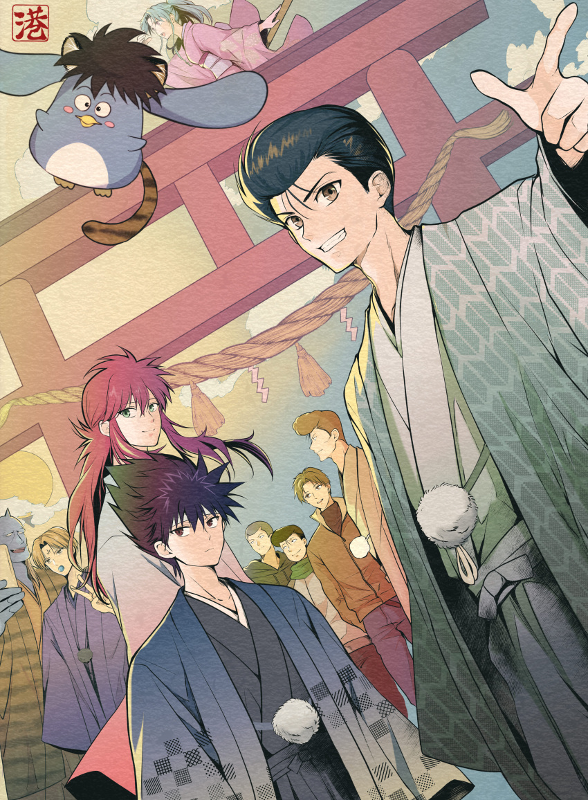 1girl 6+boys absurdres black_hair botan_(yu_yu_hakusho) brown_eyes brown_hair green_hair headband hiei_(yu_yu_hakusho) highres japanese_clothes kurama_(yu_yu_hakusho) kuwabara_kazuma minato_x3710 multiple_boys urameshi_yusuke yu_yu_hakusho