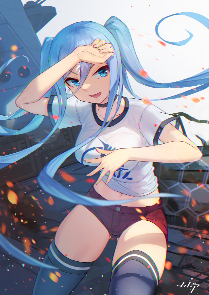 1girl :d absurdres aoki_hagane_no_arpeggio arm_up arpeggio_kaga ass_visible_through_thighs black_choker black_legwear blue_eyes blue_hair breasts choker highres long_hair looking_at_viewer medium_breasts micro_shorts midriff mole mole_under_mouth navel open_mouth red_shorts shirt short_sleeves shorts smile solo takao_(aoki_hagane_no_arpeggio) thighhighs thighs twintails v-shaped_eyebrows white_shirt