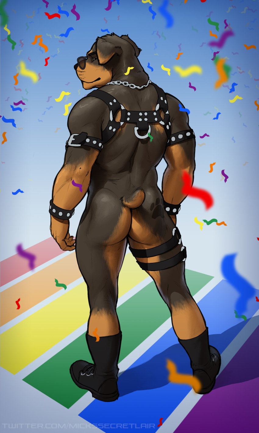 2022 absurd_res anthro armband back_muscles big_muscles blue_background boots bracelet buckle butt canid canine canis chain_necklace clothing confetti crosswalk domestic_dog eyewear footwear fur gradient_background harness hi_res jewelry leather legband lgbt_history_month lgbt_pride male mammal mastiff mickey_the_retriever molosser muscular muscular_anthro muscular_male nude outside pride_colors rear_view rennin rottweiler shadow simple_background solo standing sunglasses tattoo text thighband tuft url
