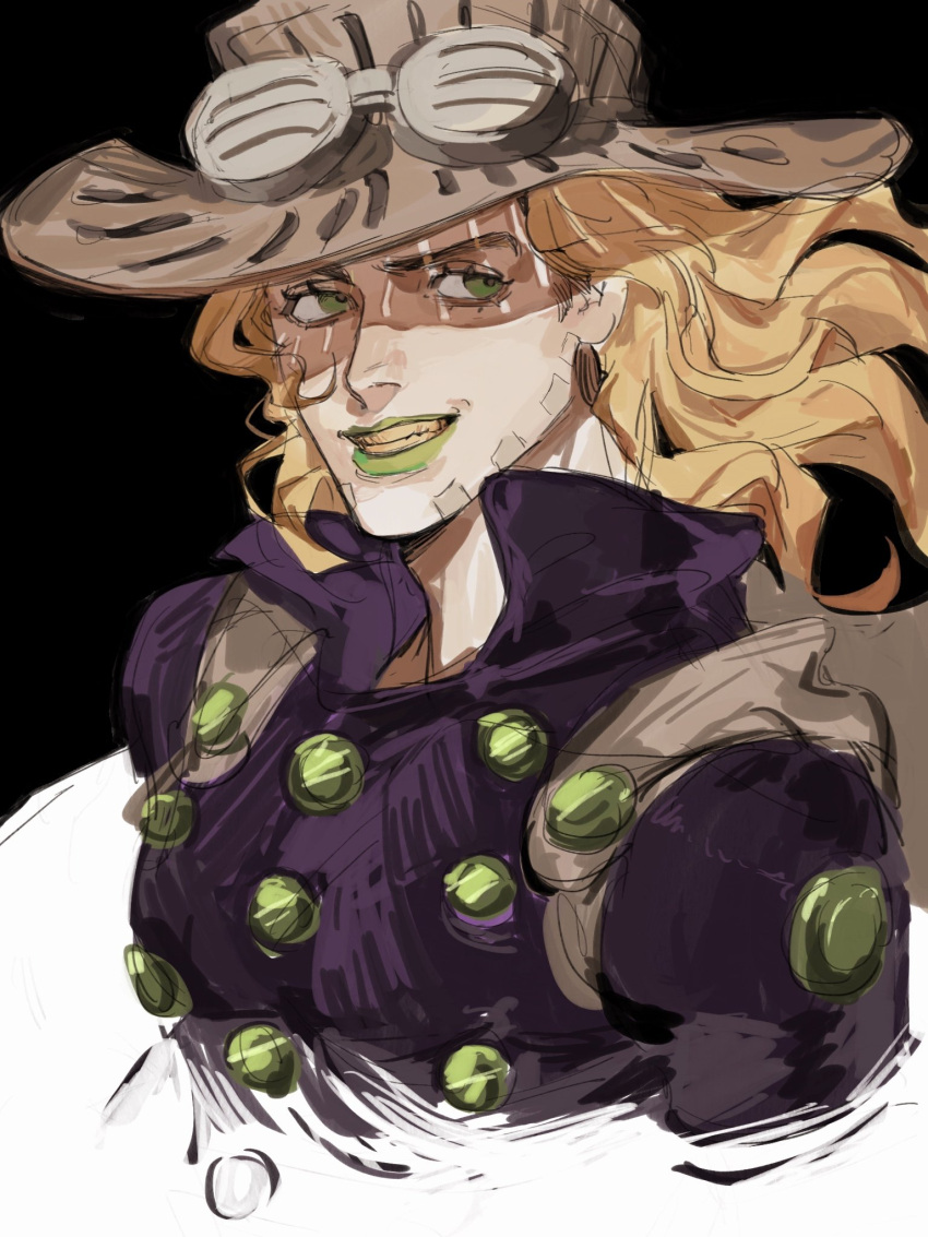 1boy beard blonde_hair brown_hair facial_hair goggles goggles_on_headwear green_eyes grills grin gyro_zeppeli hat highres jojo_no_kimyou_na_bouken long_hair male_focus puppetjackmj smile solo steel_ball_run