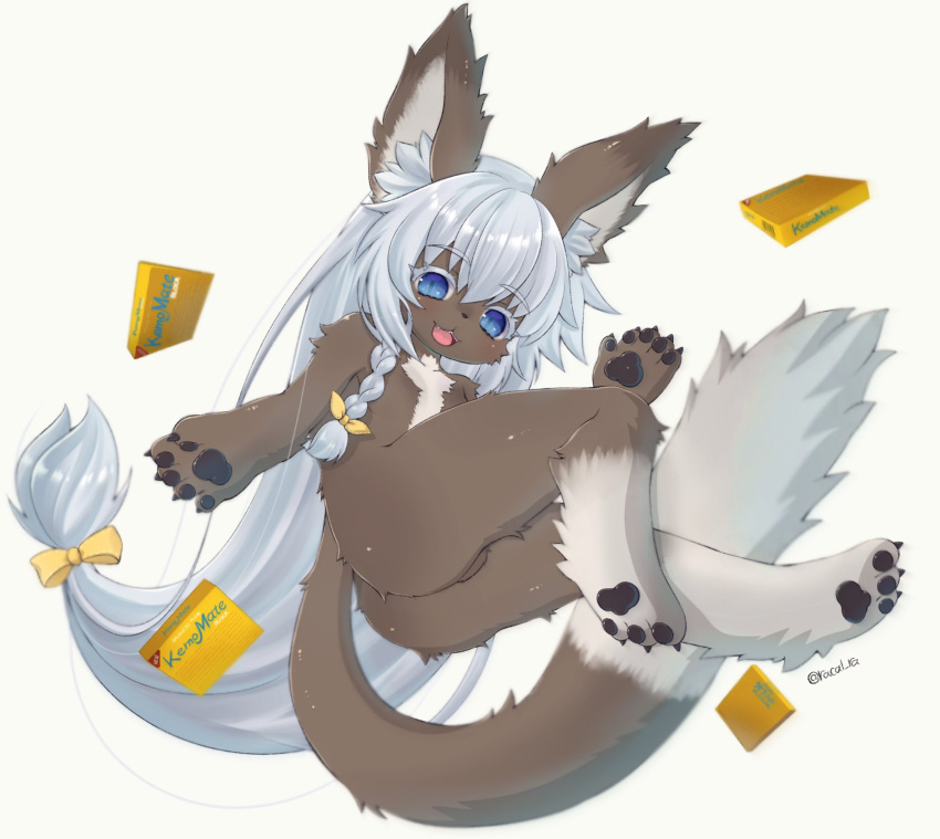 2022 3_toes 5_fingers accessory anthro artist_name blue_eyes braided_hair brown_body brown_fur butt claws dipstick_tail featureless_chest featureless_crotch feet felid feline female finger_claws fingers flat_chested fur hair hair_accessory hair_bow hair_ribbon hi_res kemono long_hair looking_at_viewer low-angle_view mammal markings multicolored_body multicolored_fur multicolored_tail nude open_mouth pawpads paws racal_ra ribbons signature silver_hair simple_background solo tail_markings teeth text toe_claws toes tongue two_tone_body two_tone_fur waving_at_viewer white_background white_body white_fur