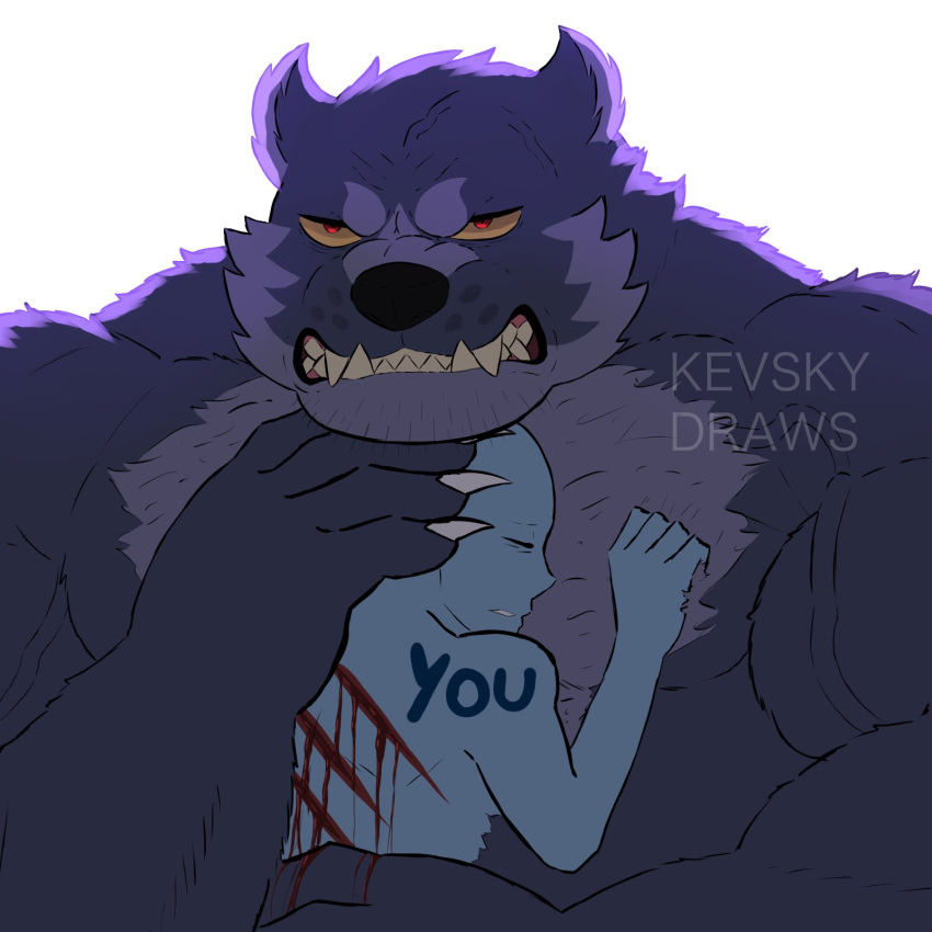 2022 angry anthro artist_name biceps big_muscles blood bodily_fluids body_hair bowers_(kevsky) canid canine canis chest_hair claws clothed clothing duo embrace eyes_closed fur hand_on_head hi_res huge_muscles human kevsky_draws looking_at_viewer male mammal mature_anthro mature_male muscular muscular_anthro muscular_male narrowed_eyes pecs protective scratch_mark sharp_claws sharp_teeth simple_background size_difference snarling teeth topless topless_anthro topless_male tuft vein were werecanid werecanine werewolf white_background wolf wounded