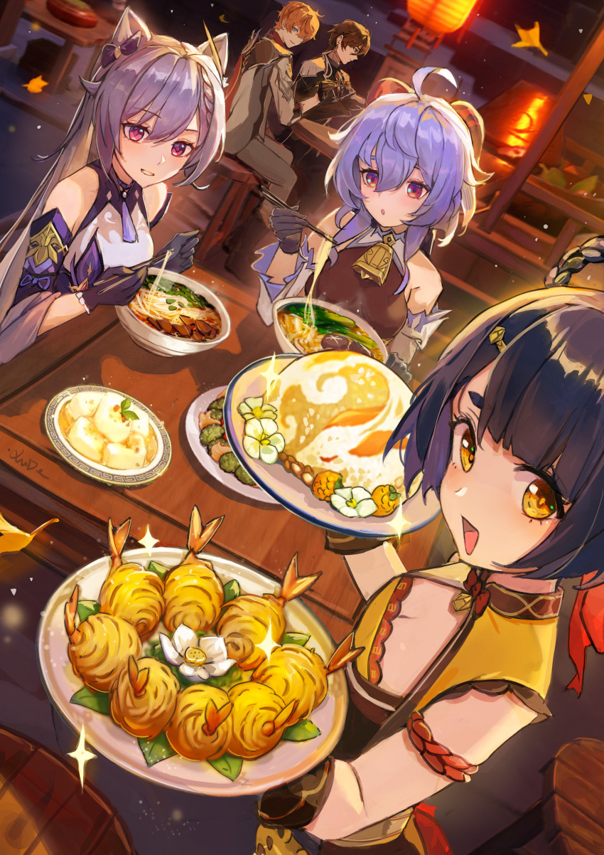 2boys 3girls absurdres ahoge almond_tofu_(genshin_impact) bangs bare_shoulders bell black_gloves black_hair blue_hair blush breasts brown_hair chopsticks cleavage detached_sleeves dress duplicate flower food formal ganyu_(genshin_impact) genshin_impact gloves golden_shrimp_balls_(genshin_impact) highres horns keqing_(genshin_impact) lantern long_hair looking_at_another looking_at_viewer looking_to_the_side multiple_boys multiple_girls neck_bell noodles open_mouth outdoors paper_lantern pixel-perfect_duplicate prosperous_peace_(genshin_impact) purple_dress purple_eyes purple_hair qingxin_flower sidelocks smile sparkle suit table tartaglia_(genshin_impact) upper_body white_flower xiangling_(genshin_impact) xude yellow_eyes zhongli_(genshin_impact)