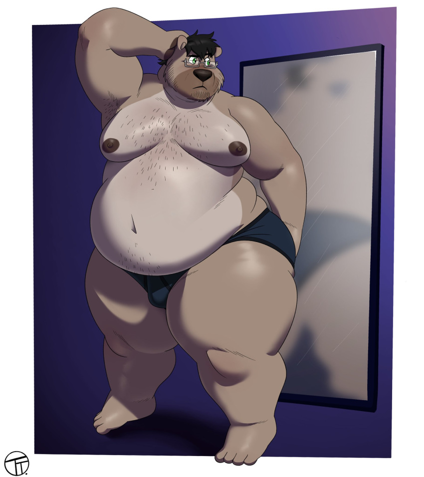 2022 anthro belly big_belly bulge canid canine canis clothing domestic_dog eyewear glasses hi_res male mammal mirror moobs nipples overweight overweight_male solo trashtoonz underwear ursid