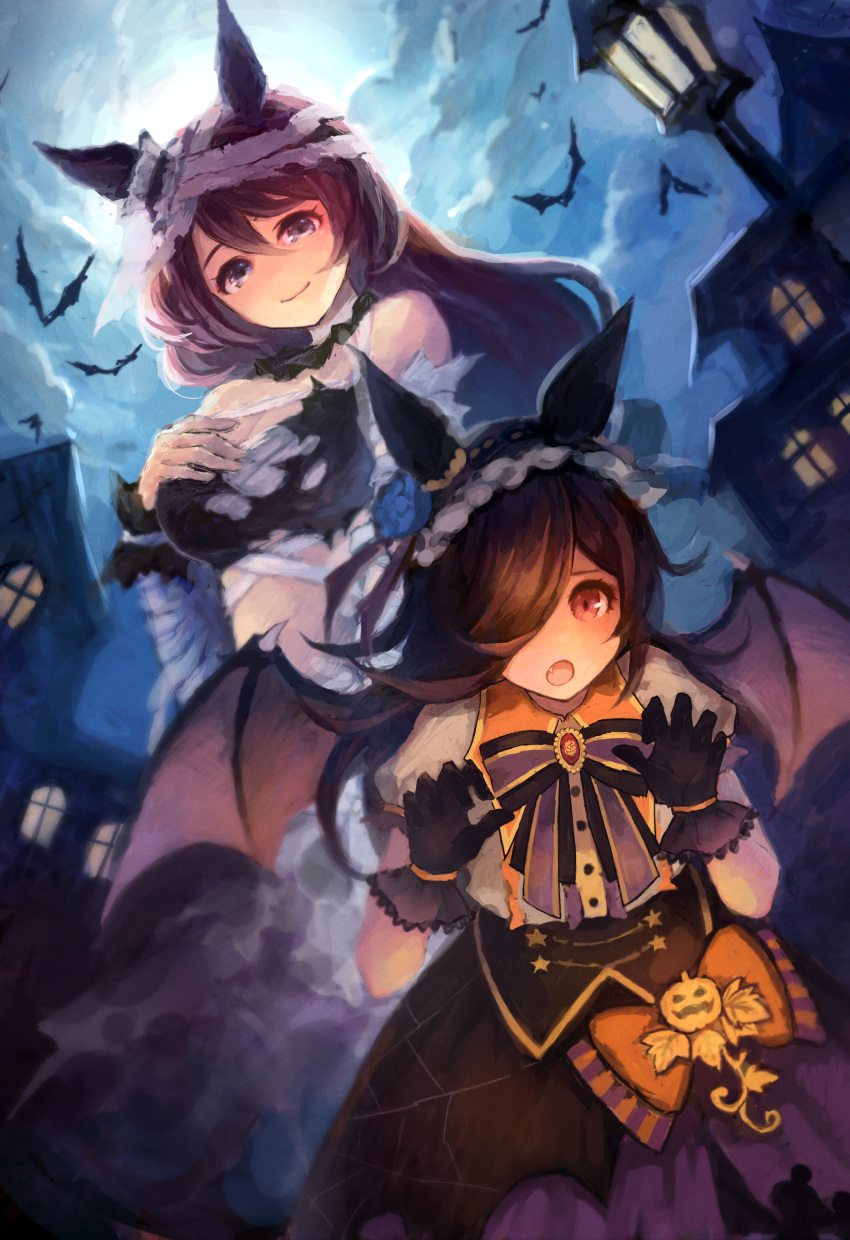 2girls absurdres animal_ears bandages bat bat_wings black_gloves bow breasts brown_hair fang from_below gloves hair_over_one_eye halloween halloween_costume highres horse_ears horse_girl horseshoe_ornament jack-o'-lantern_ornament lamppost long_hair looking_at_viewer make_up_in_halloween!_(umamusume) medium_breasts miharu_fake multiple_girls night open_mouth orange_bow outdoors puffy_short_sleeves puffy_sleeves purple_eyes red_eyes rice_shower_(umamusume) short_sleeves smile spider_web_print super_creek_(umamusume) torn_clothes umamusume wings