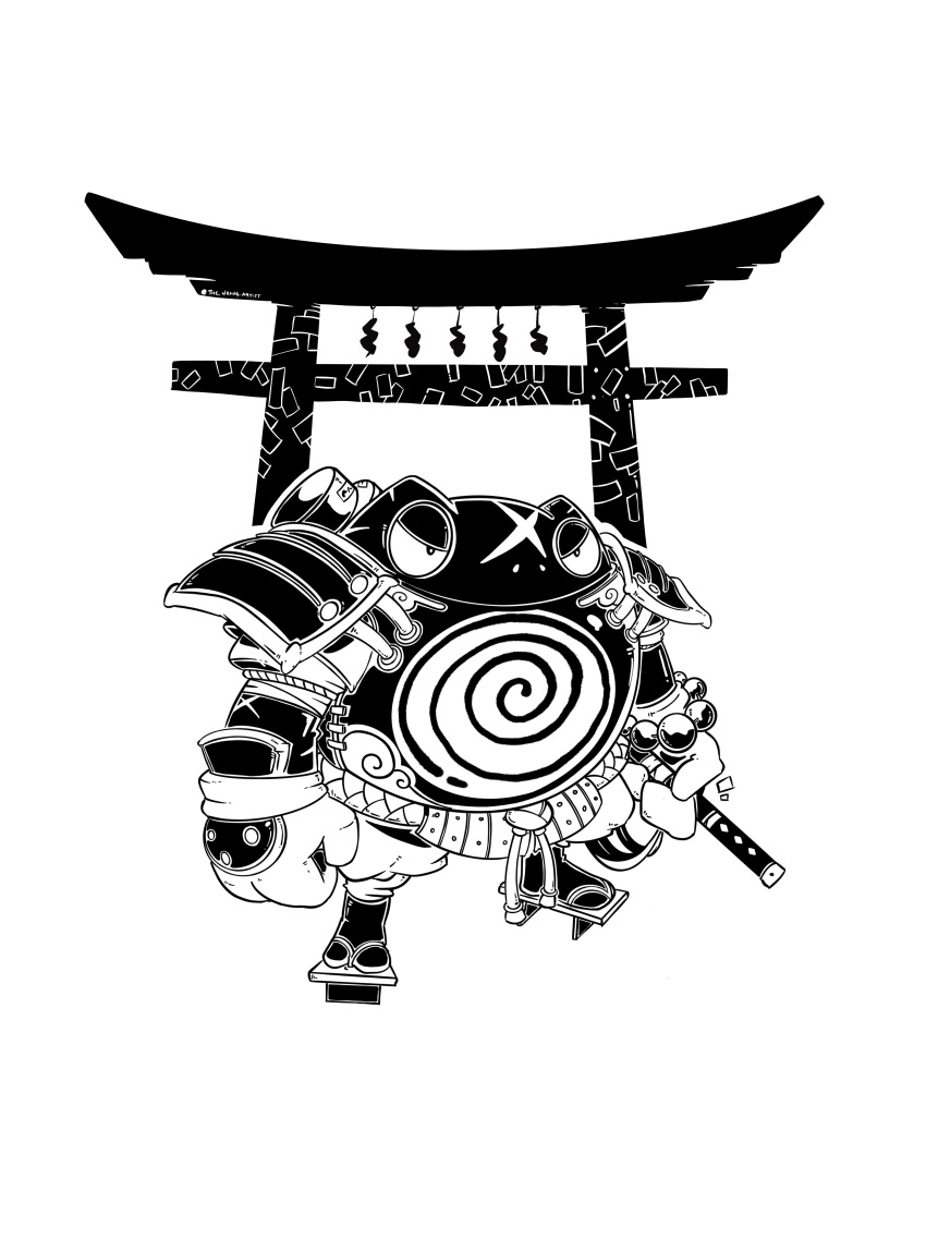 1other absurdres armor artist_name bad_link highres japanese_armor katana lvl225 monochrome pokemon pokemon_(creature) poliwrath samurai sandals scar scar_on_face serious signature simple_background sketch solo standing sword torii weapon white_background