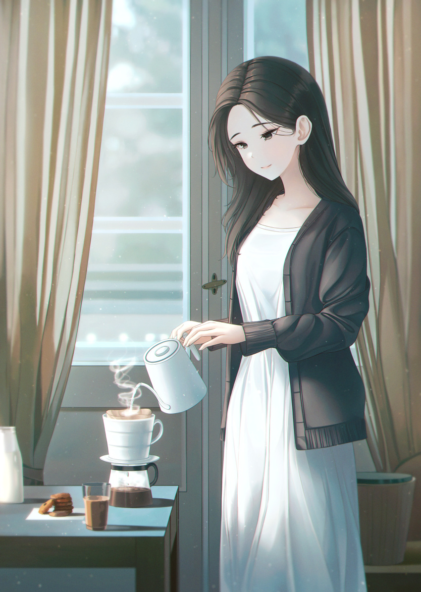 1girl absurdres black_hair black_jacket brown_eyes cake coffee collarbone curains door dress food highres jacket long_hair long_sleeves original smile solo standing white_dress youngsok