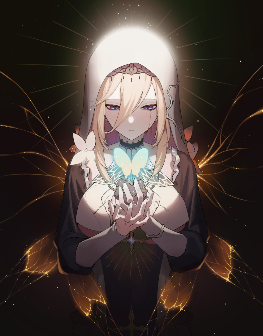 absurdres aponia_(honkai_impact) bangs black_background black_dress blonde_hair blood blood_from_eyes blue_butterfly blue_eyes blush breast_curtain breasts bug butterfly butterfly_wings choker closed_mouth cross dress glowing glowing_butterfly glowing_wings hair_between_eyes half-closed_eyes halo hands_up highres honkai_(series) honkai_impact_3rd krin large_breasts light_particles long_hair long_sleeves looking_at_hands looking_away looking_down own_hands_together solo underboob veil w_arms wings