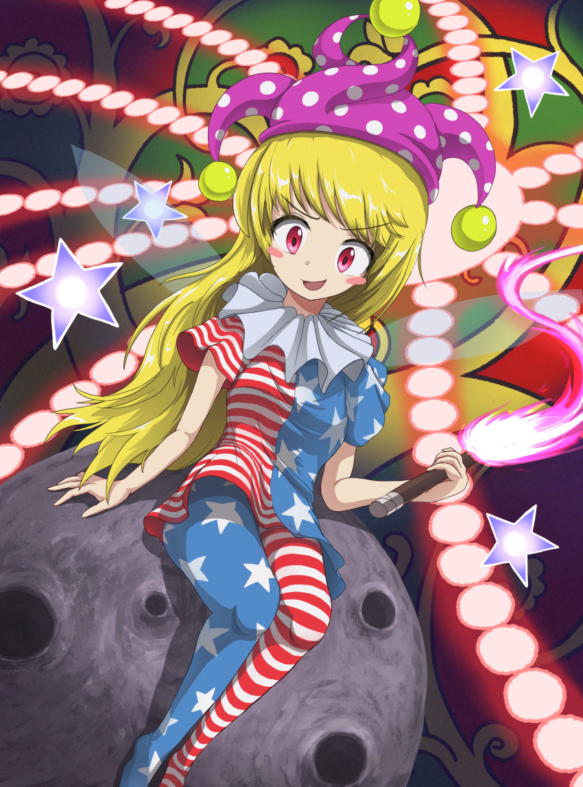 1girl absurdres american_flag_dress american_flag_pants bangs blonde_hair blush blush_stickers breasts clownpiece commentary_request dress eyebrows_visible_through_hair fairy_wings fire gradient gradient_background green_background gurina_15 hand_up hat highres holding holding_torch jester_cap long_hair looking_to_the_side medium_breasts moon neck_ruff no_shoes open_mouth pants polka_dot purple_fire purple_headwear red_background red_eyes short_sleeves sitting smile solo spell_card star_(symbol) star_print striped striped_dress striped_pants torch touhou v-shaped_eyebrows wings yellow_background