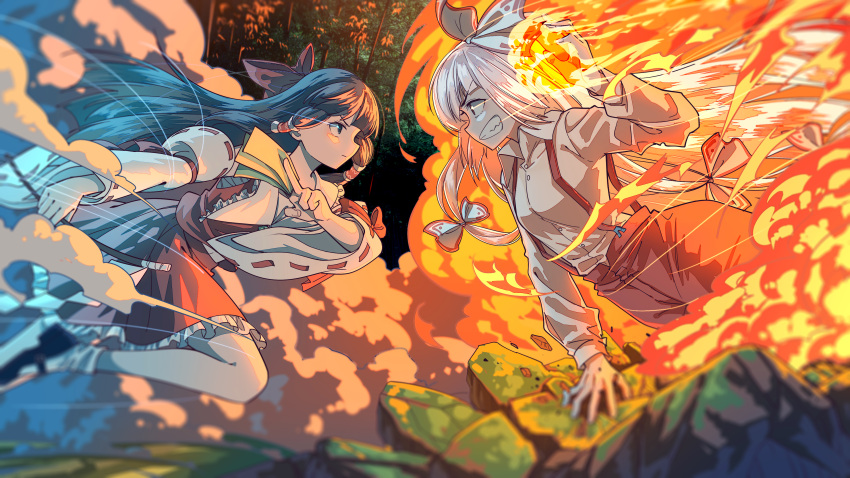 2girls absurdres baggy_pants bamboo bamboo_forest bangs black_hair bow buttons chinese_commentary cloud collared_shirt dashing detached_sleeves duel face-to-face fighting fire flaming_hand forest frilled_shirt_collar frilled_skirt frills from_side fujiwara_no_mokou gohei grey_eyes hair_bow hair_tubes hakurei_reimu hand_up highres holding_gohei jiege long_hair long_sleeves looking_at_another multiple_girls nature pants pyrokinesis red_bow red_eyes red_pants red_skirt red_vest ribbon-trimmed_sleeves ribbon_trim rock serious sharp_teeth shirt skirt smile suspenders talisman teeth touhou very_long_hair vest white_bow white_hair white_shirt wide_sleeves