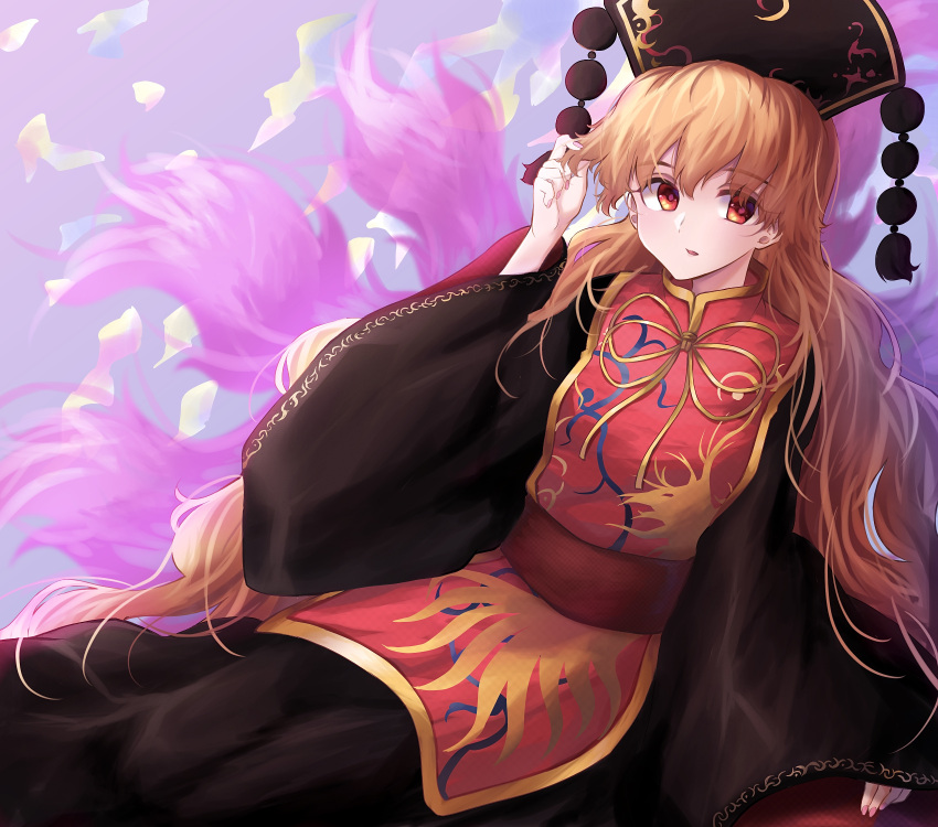 1girl absurdres bangs belt black_dress black_headwear blush bow bowtie breasts brown_belt chinese_clothes commentary_request crescent dress energy eyebrows_visible_through_hair eyes_visible_through_hair fingernails gradient gradient_background hair_between_eyes hand_up hat highres junko_(touhou) long_fingernails long_hair long_sleeves looking_to_the_side medium_breasts nail_polish neold open_mouth orange_hair phoenix_crown pink_background pink_nails pom_pom_(clothes) purple_background red_eyes sitting solo tabard touhou wide_sleeves yellow_bow yellow_bowtie