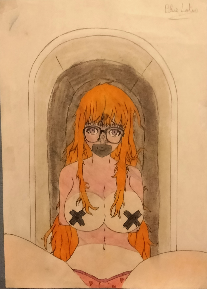 absurdres asphyxiation bdsm blue-lotus bondage bound breathplay drowning gag gagged glasses highres improvised_gag non-web_source nude persona persona_5 red_hair sakura_futaba self_upload tape tape_gag underwater