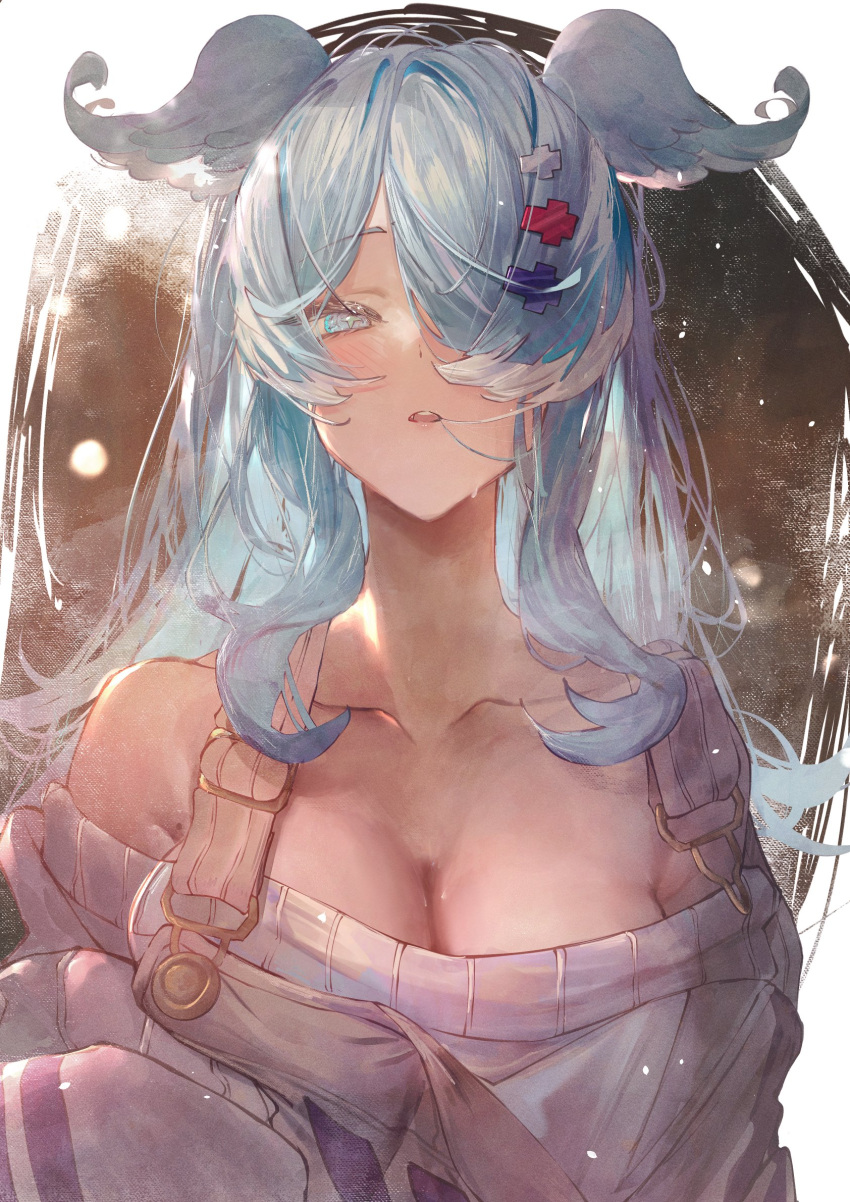 1girl bangs betabeet blue_eyes blue_hair breasts cleavage dragon_girl elira_pendora grey_overalls hair_ornament hair_over_one_eye head_wings highres large_breasts long_hair mole nijisanji nijisanji_en off_shoulder one_eye_covered overall_shorts overalls sleeves_past_fingers sleeves_past_wrists solo sweater virtual_youtuber white_sweater