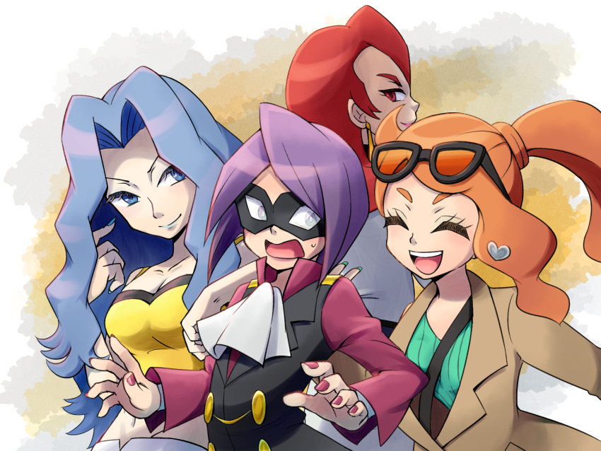 1boy 3girls aqua_nails ariana_(pokemon) ascot blue_eyes blue_hair brown_jacket buttons closed_eyes closed_mouth commentary_request double-breasted embarrassed eye_mask eyewear_on_head fingernails glasses hand_on_another's_back highres hiichi_(hnt1aa) jacket karen_(pokemon) lipstick long_hair long_sleeves looking_at_another makeup mask medium_hair midriff multiple_girls nail_polish navel open_mouth orange_hair pink_nails pokemon pokemon_(game) pokemon_masters_ex purple_hair red_eyes red_hair short_hair side_ponytail smile sonia_(pokemon) stomach surprised sweatdrop vest will_(pokemon)