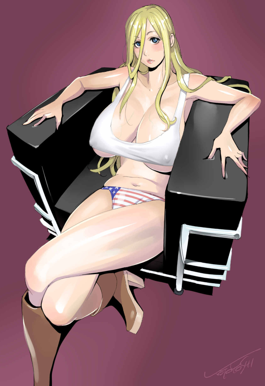 1girl american_flag american_flag_panties american_flag_print armchair bare_arms bare_shoulders blonde_hair blue_eyes blush boots breasts brown_footwear chair cleavage collarbone covered_nipples cropped_shirt crossed_legs eyebrows_visible_through_hair flag_print foot_out_of_frame hair_between_eyes high_heel_boots high_heels highres huge_breasts knee_boots kotoyoshi_yumisuke lips long_hair looking_at_viewer mature_female navel original parted_lips reclining shiny shiny_skin signature simple_background sitting solo stomach tank_top thighs underboob veins veiny_breasts very_long_hair white_tank_top