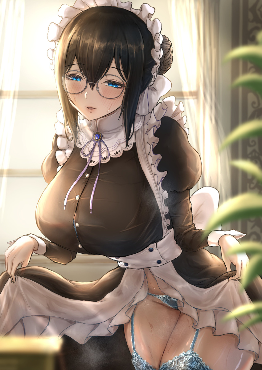1girl absurdres alternate_costume bespectacled black_hair blue_eyes blue_panties blush breasts closed_mouth clothes_lift commentary_request enmaided eyebrows_visible_through_hair garter_straps glasses hand_up highres idolmaster idolmaster_cinderella_girls indoors juliet_sleeves large_breasts lifted_by_self long_sleeves looking_at_viewer maid maid_headdress panties plant puffy_sleeves round_eyewear sagisawa_fumika shaddoll_fusion skirt skirt_lift smile solo sunlight table taut_clothes thighhighs underwear window