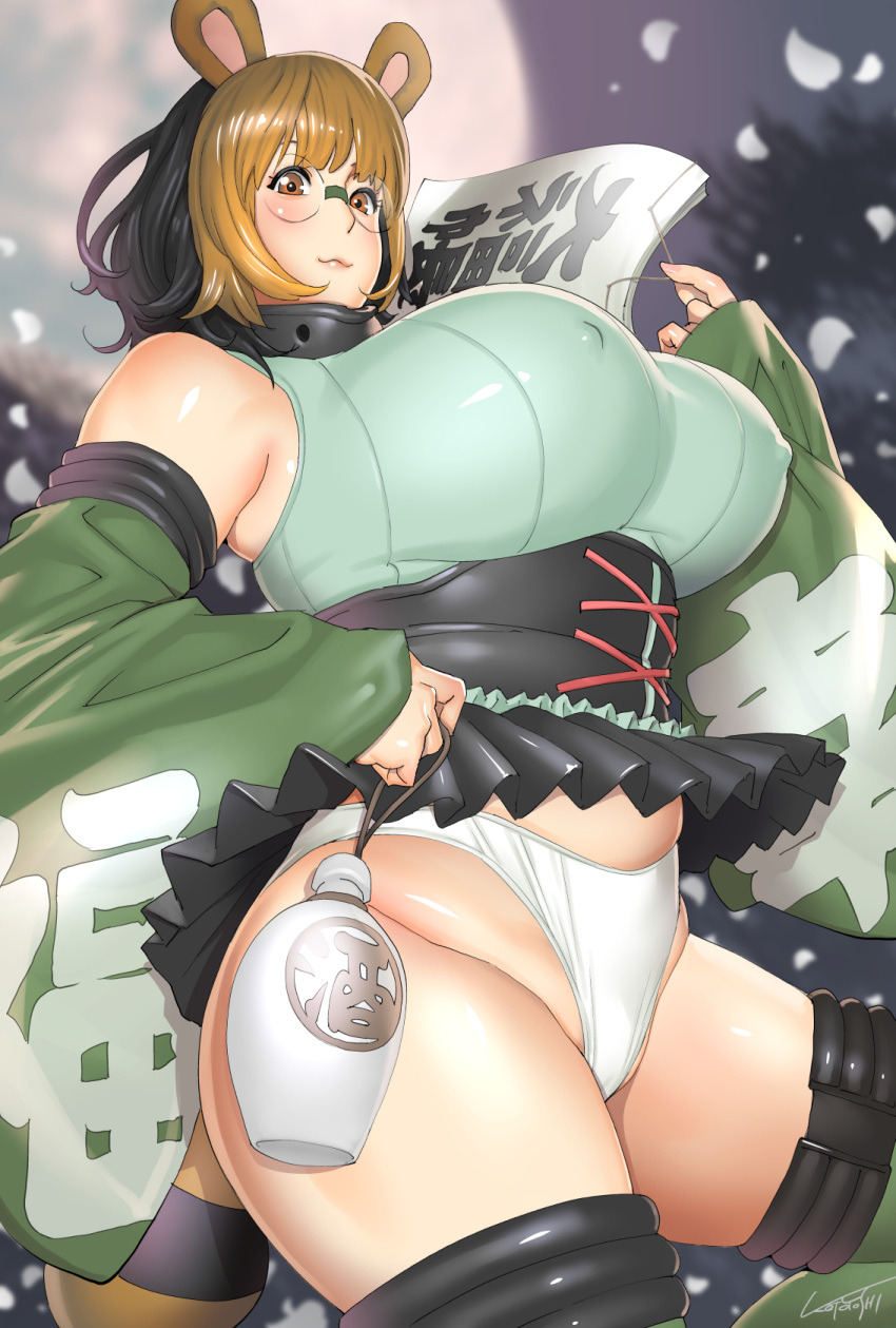 1girl :3 animal_ears bangs bare_shoulders black_hair black_skirt blunt_bangs blush breasts brown_hair commentary_request covered_nipples cowboy_shot detached_sleeves from_side glasses green_legwear green_shirt highres huge_breasts kotoyoshi_yumisuke lips looking_at_viewer mature_female medium_hair microskirt multicolored_hair original panties pleated_skirt shirt skirt sleeveless sleeveless_shirt smile solo striped_tail tail thick_thighs thighhighs thighs two-tone_hair underbust underwear white_panties wide_sleeves