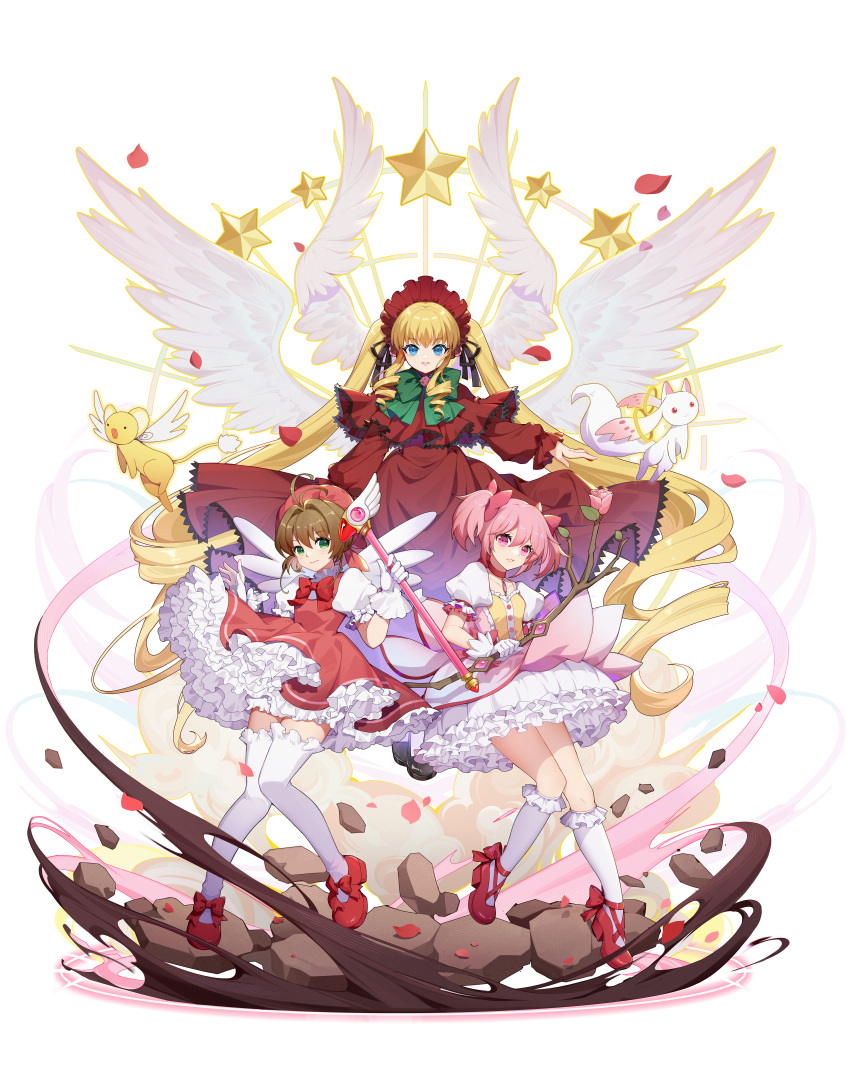 3girls absurdres angel_wings antenna_hair bangs blonde_hair bonnet bow bowtie brown_hair buttons capelet cardcaptor_sakura chinese_commentary choker commentary_request crossover dress drill_hair duximeng falling_petals feathered_wings floating footwear_bow frilled_capelet frilled_dress frilled_gloves frilled_legwear frilled_sleeves frills full_body gloves green_bow green_bowtie green_eyes hair_bow highres holding holding_wand kero kinomoto_sakura kneehighs kyubey long_hair long_sleeves looking_at_viewer magical_girl mahou_shoujo_madoka_magica multiple_girls multiple_wings parted_lips petals pink_eyes pink_hair puffy_short_sleeves puffy_sleeves red_bow red_bowtie red_capelet red_choker red_dress red_footwear red_headwear rock rozen_maiden shinku shoes short_hair short_sleeves short_twintails sidelocks simple_background smile soul_gem standing star_(symbol) thighhighs twin_drills twintails very_long_hair wand white_background white_gloves white_legwear wings