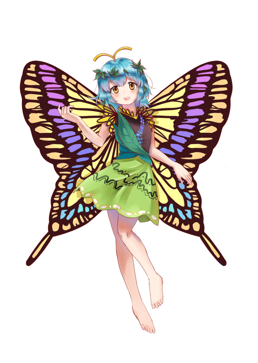 1girl antennae aqua_hair barefoot blush butterfly_wings dress eternity_larva fairy full_body green_dress highres leaf leaf_on_head looking_at_viewer miujo multicolored_clothes multicolored_dress open_mouth orange_eyes short_hair short_sleeves simple_background smile solo touhou white_background wings