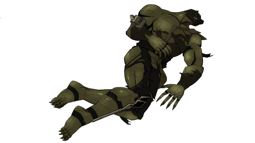 anthro armor biceps big_muscles big_teeth bk_hat bottomwear claws cloth clothed clothed/nude clothing clothing_aside eyes_closed feet full_body_view green_body green_scales green_skin hi_res legwear lizard lying male mask monster mortal_kombat muscular muscular_anthro muscular_male nude on_side pants partially_clothed pecs reptile reptile_(mortal_kombat) scales scalie sharp_teeth solo sonichaxd teeth topwear torn_bottomwear torn_clothing torn_legwear torn_pants torn_topwear video_games