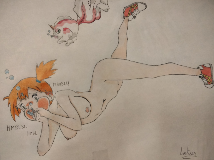 absurdres asphyxiation blue-lotus breathplay diving drowning goldeen highres misty_(pokemon) non-web_source nude pokemon puffy_cheeks red_hair self_upload shoes underwater