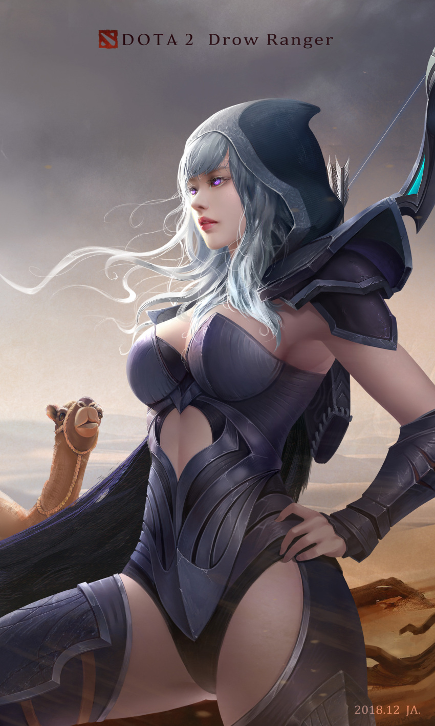 1girl absurdres armored_leotard arrow_(projectile) blue_footwear blue_hair blue_leotard boots bow_(weapon) breasts camel character_name cleavage cloud cloudy_sky desert dota_(series) dota_2 drow_ranger_(dota) grey_sky hand_on_hip highres ja1990 leotard lips long_hair outdoors purple_eyes quiver sky solo thigh_boots weapon