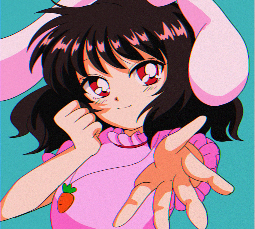 1990s_(style) 1girl animal_ears black_hair blue_background blush carrot_necklace closed_mouth dress foreshortening hanadi_detazo highres inaba_tewi one-hour_drawing_challenge pink_dress rabbit_ears reaching_out red_eyes retro_artstyle short_hair short_sleeves simple_background smile solo touhou