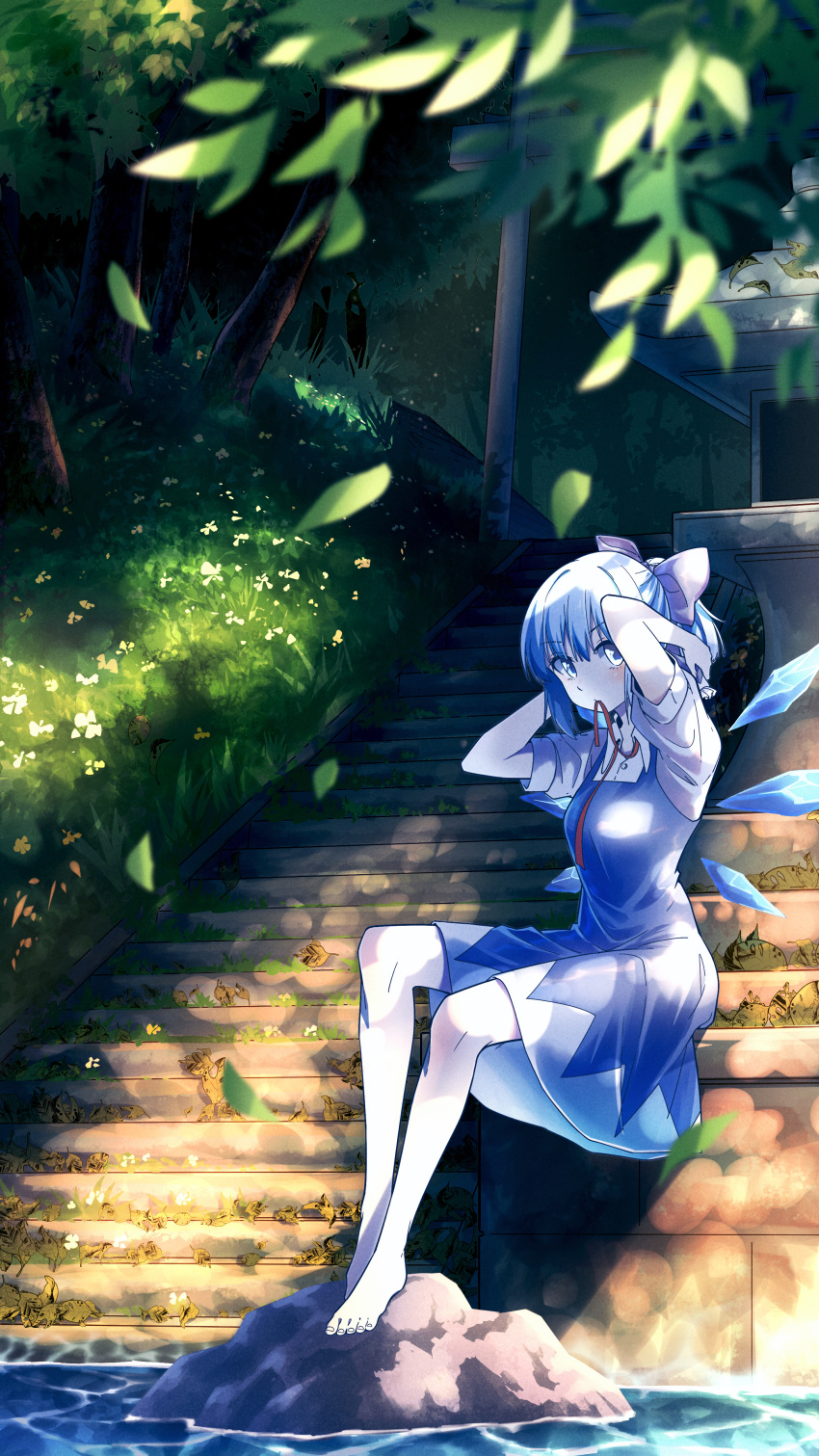 1girl absurdres arms_behind_head autumn_leaves bangs barefoot blue_bow blue_dress blue_hair bow chinese_commentary cirno collared_shirt dress falling_leaves frilled_bow frills full_body grass hat hat_bow highres jiege leaf looking_at_viewer mouth_hold nature neck_ribbon puffy_short_sleeves puffy_sleeves red_ribbon ribbon ribbon_in_mouth rock scenery shirt short_hair short_sleeves sitting solo stairs stone_lantern touhou tree tying_hair water