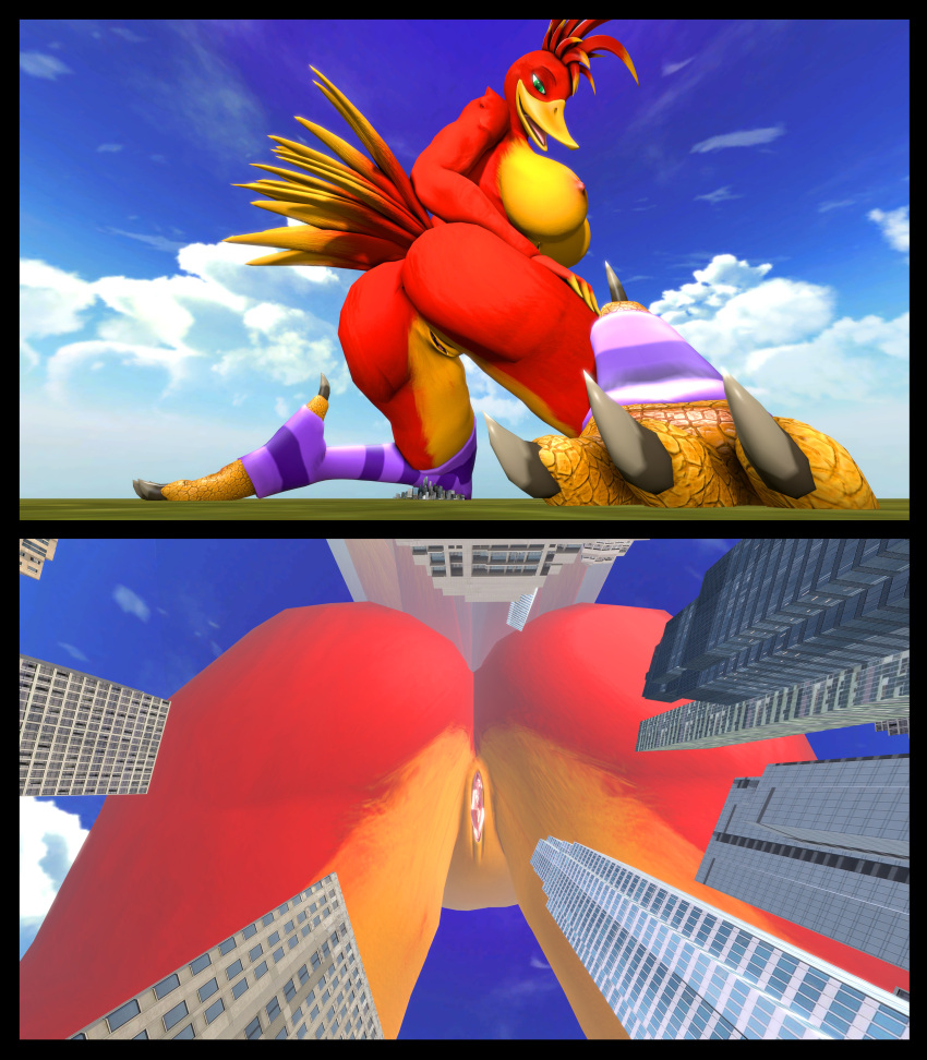 3d_(artwork) absurd_res anthro antonioy111 avian banjo-kazooie beak big_breasts big_butt bird breasts butt city clothing digital_media_(artwork) feathers female footwear genitals green_eyes hand_on_hip hi_res kazooie looking_at_viewer looking_back looking_back_at_viewer macro narrowed_eyes nipples nude open_mouth purple_clothing purple_footwear purple_socks pussy rareware red_body red_feathers socks solo source_filmmaker video_games yellow_beak yellow_body yellow_feathers