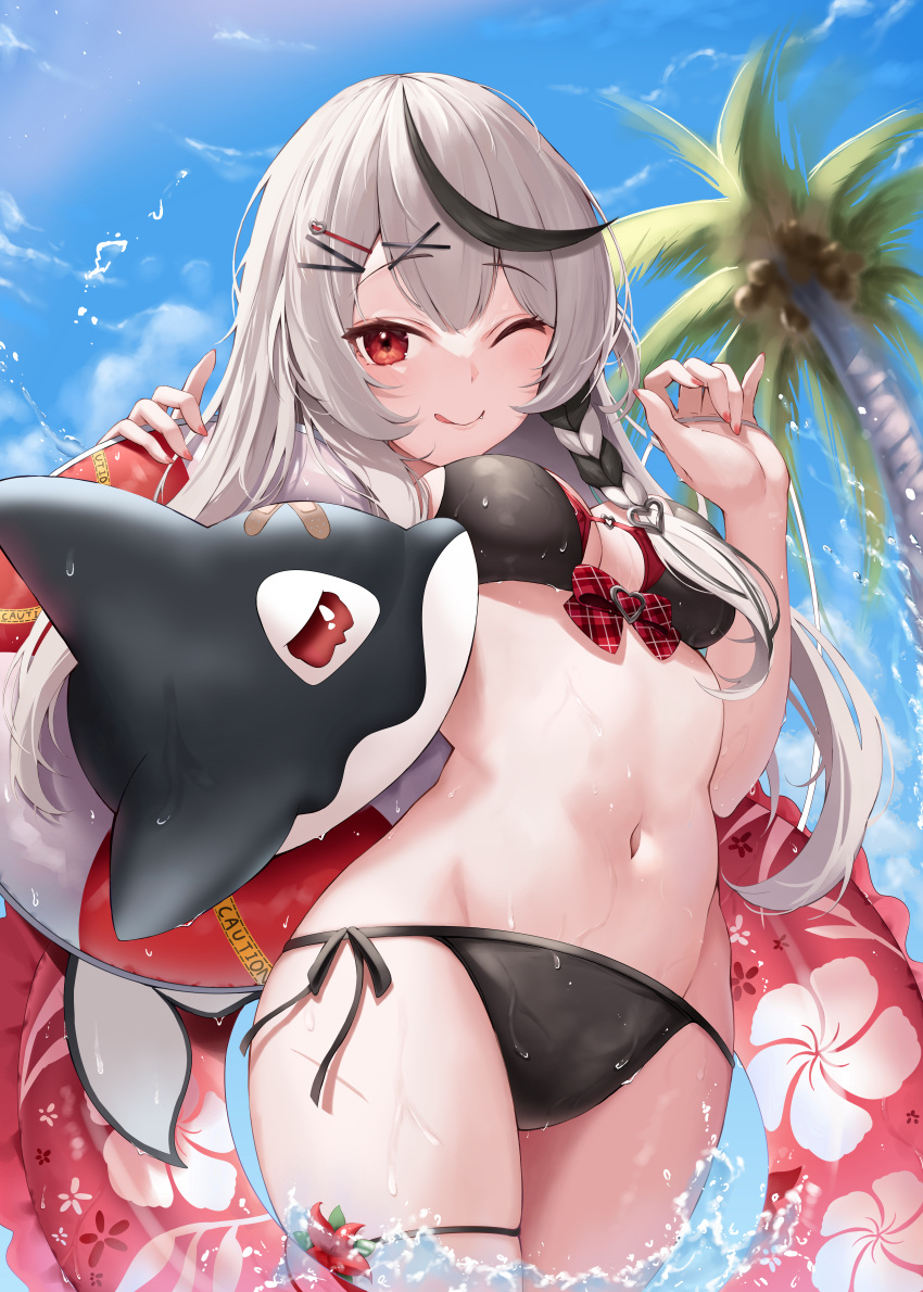 1girl ;q absurdres bangs bikini black_bikini black_hair blue_sky bow braid breasts closed_mouth cloud coconut eyebrows_visible_through_hair fang grey_hair hair_ornament hairclip highres hololive innertube inu_(sakamata_chloe) long_hair looking_at_viewer medium_breasts navel one_eye_closed orca palm_tree pink_nails plaid plaid_bow roina_(effj7473) sakamata_chloe side-tie_bikini sky solo stomach swimsuit thigh_strap tongue tongue_out tree virtual_youtuber water water_drop wet x_hair_ornament