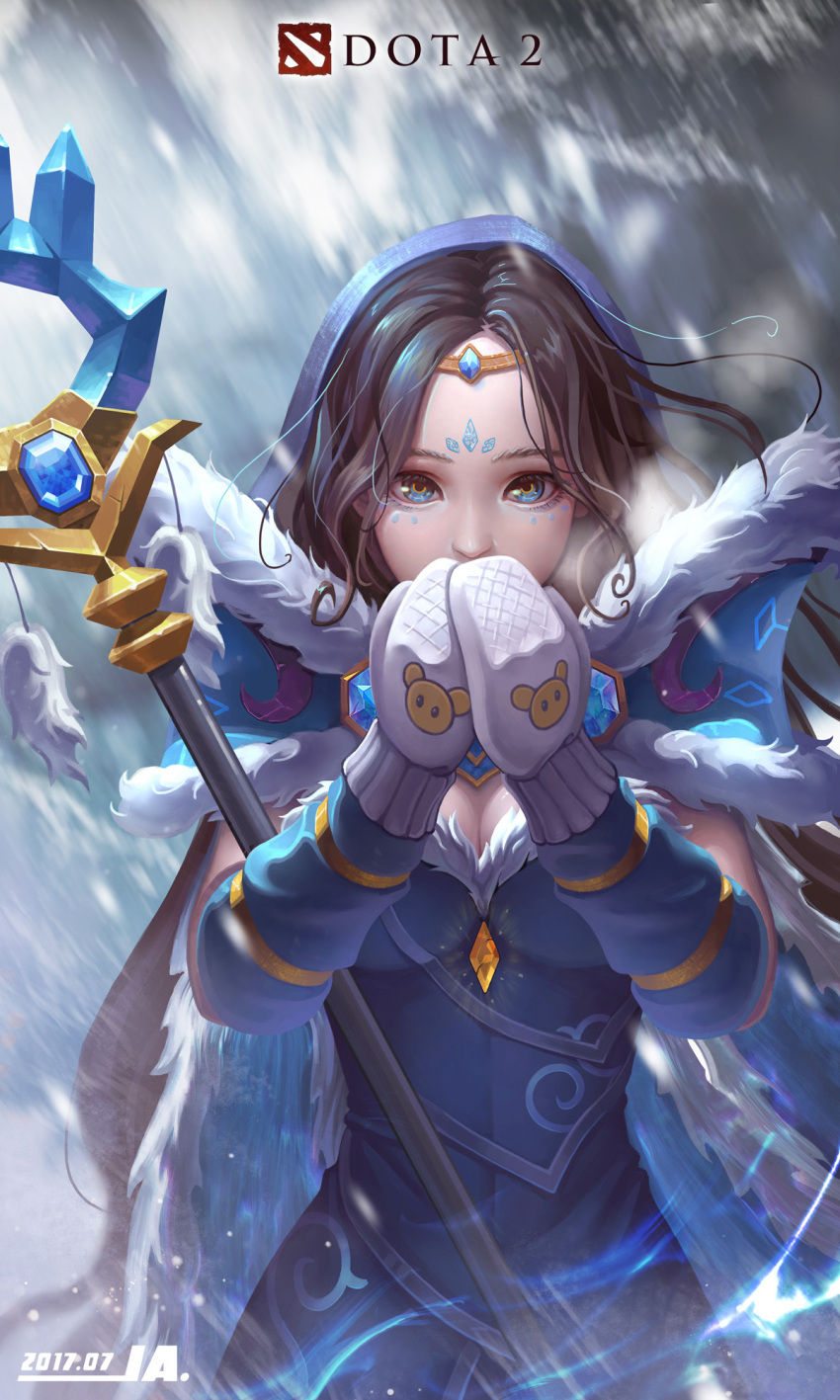 1girl alternate_hair_color blue_cape blue_dress blue_eyes blue_hood breasts brown_hair cape circlet cleavage covering_mouth crystal crystal_maiden dota_(series) dota_2 dress forehead_jewel gloves highres ja1990 long_hair looking_at_viewer mittens snowing solo wand white_gloves