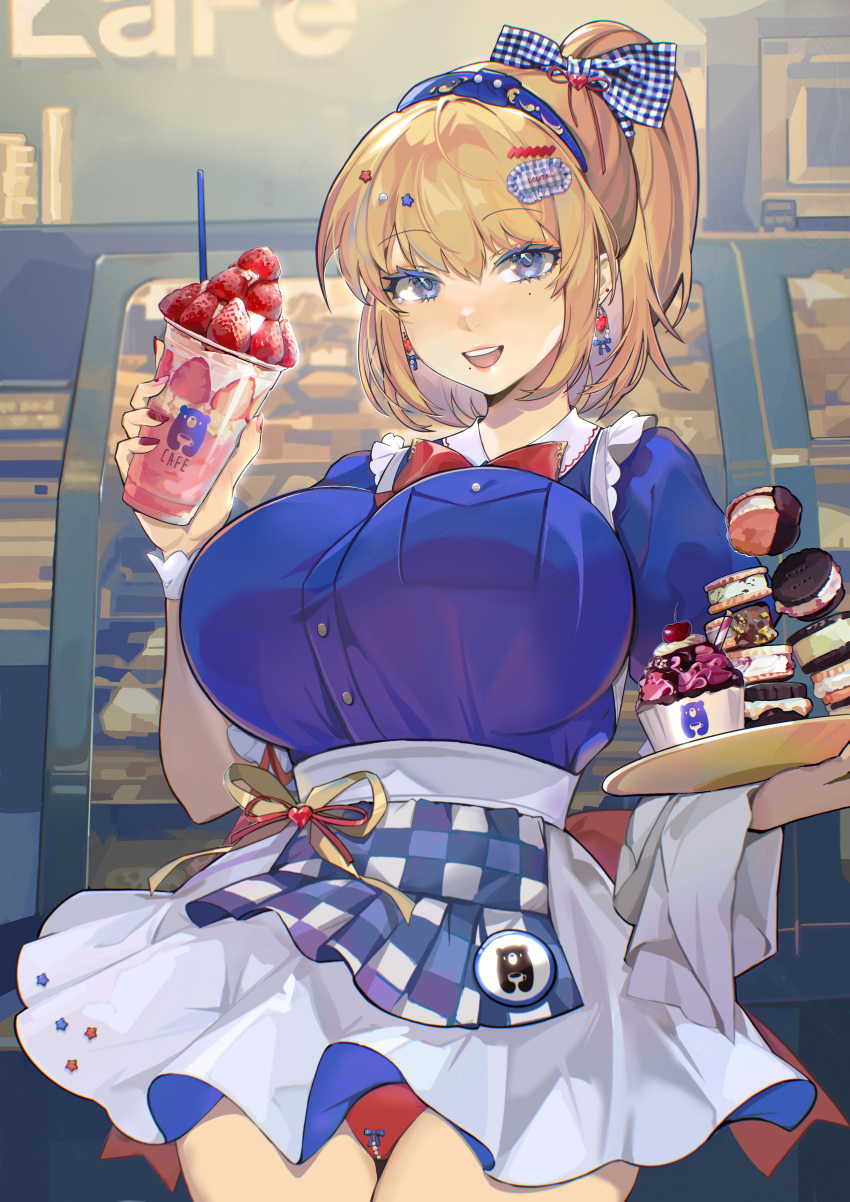 1girl :d absurdres animal_print apron bear_print blonde_hair blue_eyes blue_headband blue_shirt bow breasts cherry chinese_commentary cowboy_shot drinking_straw earrings eyebrows_visible_through_hair food frilled_skirt frills fruit hair_between_eyes hair_bow hair_ornament headband high_ponytail highres holding holding_tray huge_breasts ice_cream ice_cream_sandwich indoors jewelry jintianhuahualema looking_at_viewer mole mole_under_eye mole_under_mouth nail_polish open_mouth original panties pantyshot red_nails red_panties red_ribbon ribbon shirt short_sleeves skirt smile solo strawberry symbol-shaped_pupils teeth thigh_gap towel tray underwear uniform upper_teeth waitress wrist_cuffs