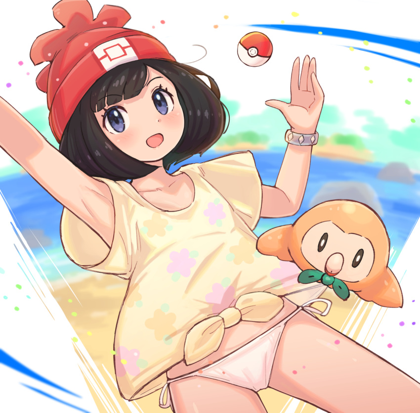 1girl arm_up armpits beanie bracelet collarbone commentary_request eyelashes floral_print grey_eyes hand_up hat highres jewelry kutabireta_neko open_mouth panties poke_ball poke_ball_(basic) pokemon pokemon_(creature) pokemon_(game) pokemon_sm red_headwear rowlet selene_(pokemon) shirt short_sleeves side-tie_panties smile t-shirt tied_shirt tongue underwear