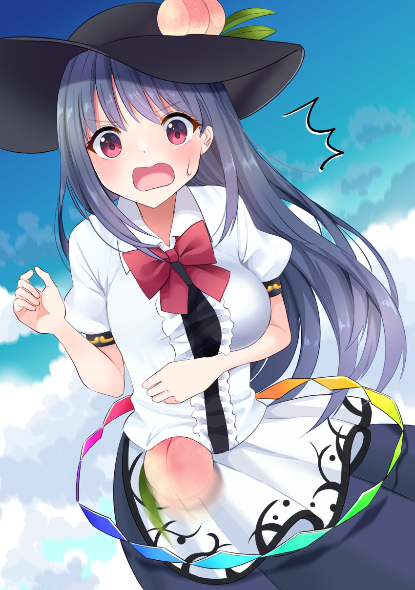1girl absurdres bangs black_headwear blue_hair blue_skirt blue_sky blush bow bowtie center_frills cloud cloudy_sky collared_shirt commentary_request eyebrows_visible_through_hair flying food frills fruit fruit_hat_ornament hair_between_eyes hands_up hat highres hinanawi_tenshi leaf leaf_hat_ornament long_hair looking_to_the_side nervous open_mouth outdoors peach pink_eyes puffy_short_sleeves puffy_sleeves rainbow red_bow red_bowtie shirt short_sleeves skirt sky solo stigma1101 sweatdrop touhou white_shirt