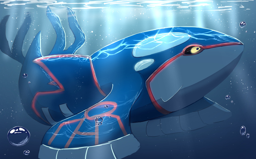 air_bubble black_sclera bubble closed_mouth colored_sclera commentary from_side highres kyogre light_rays no_humans pokemon pokemon_(creature) solo swimming tog' underwater yellow_eyes