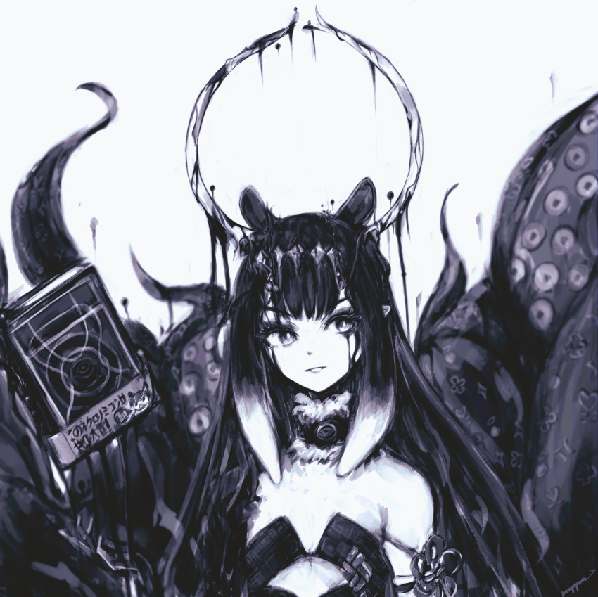 1girl absurdres ao-chan_(ninomae_ina'nis) book detached_sleeves english_commentary flat_chest fur_choker greyscale halo highres hololive hololive_english long_hair merpperoni monochrome ninomae_ina'nis single_detached_sleeve solo tentacle_hair tentacles virtual_youtuber white_background