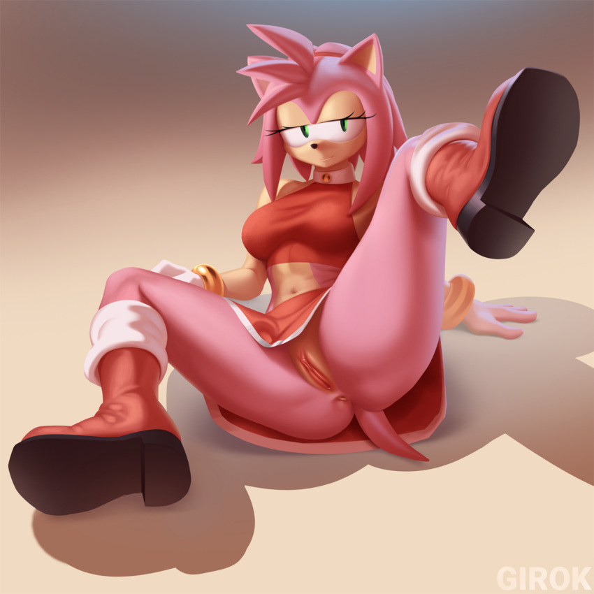 amy_rose anthro clothing eulipotyphlan female girok green_eyes hair hedgehog hi_res looking_at_viewer male mammal pink_body pink_hair red_clothing sega solo solo_focus sonic_the_hedgehog_(series) spead_legs