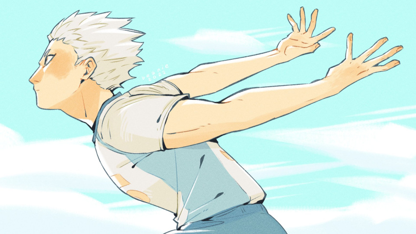 1boy beaniewinnie96 haikyuu!! highres hoshiumi_kourai looking_to_the_side male_focus outdoors outstretched_arms profile running short_hair signature sky solo spiked_hair sportswear volleyball_uniform white_hair yellow_eyes