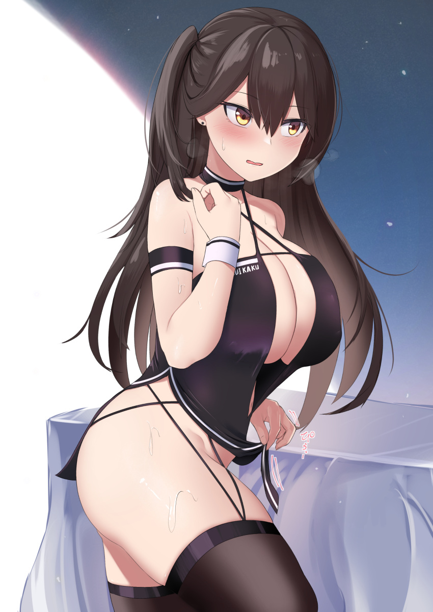 1girl absurdres akaoni_(zumt3548) azur_lane bare_hips black_legwear blush breasts brown_hair center_opening criss-cross_halter from_side hair_between_eyes halterneck highres huge_breasts long_hair no_panties pelvic_curtain race_queen solo thighhighs wrist_cuffs yellow_eyes zuikaku_(azur_lane) zuikaku_(the_wind's_true_name)_(azur_lane)