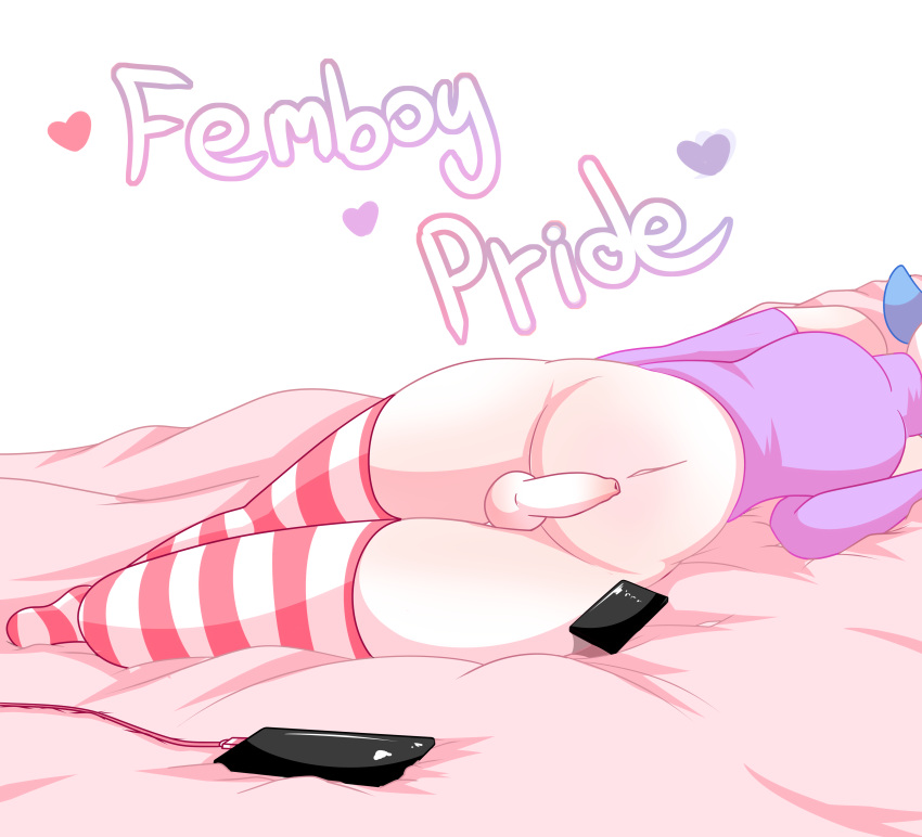 &lt;3 absurd_res anthro armwear bed blue_hair blush clothing cord crop_top eeveelution english_text fan_character foreskin furniture genitals girly hair hi_res jasmine_(jaspixie) jaspixie legwear male navel nintendo on_bed penis phone pink_stripes pok&eacute;mon pok&eacute;mon_(species) presenting presenting_belly presenting_foreskin presenting_penis rubber rubber_clothing shiny_pok&eacute;mon shirt simple_background solo stripes sylveon text thigh_highs tight_foreskin topwear video_games white_background white_penis