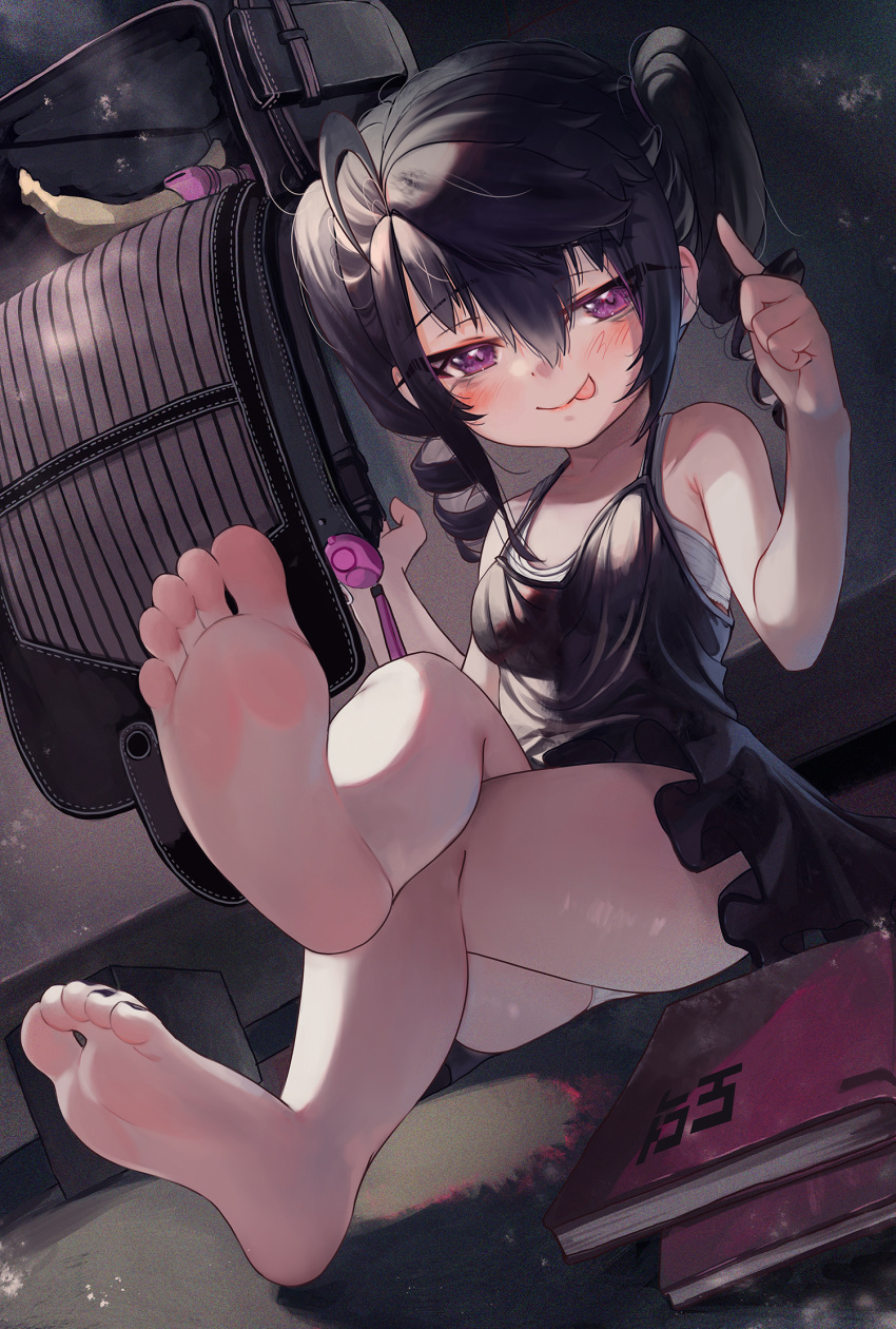 1girl :p ahoge bag banana bangs bare_legs barefoot black_dress black_hair black_nails blush closed_mouth crime_prevention_buzzer crossed_legs dress drill_hair eyebrows_visible_through_hair feet food fruit hair_between_eyes highres long_hair looking_at_viewer nail_polish original panties panty_peek priite_hari_(torriet) purple_eyes revision sitting smile soles solo toenail_polish toenails toes tongue tongue_out torriet twin_drills twintails underwear white_panties younger