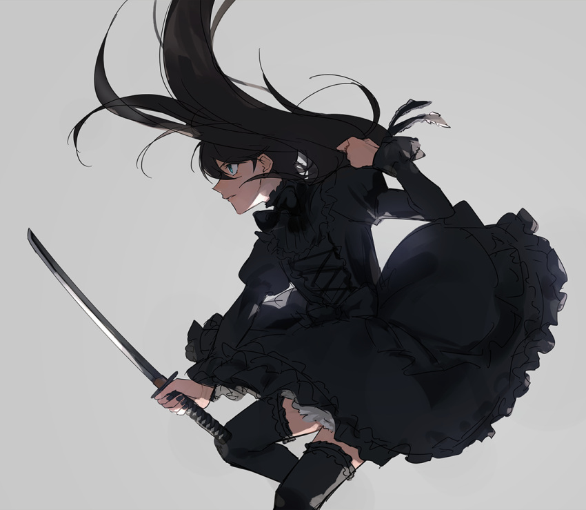 action black_bow black_bowtie black_dress black_hair blue_eyes bow bowtie closed_mouth cross-laced_clothes crossdressing dress frills from_side grey_background hanadi_(hndboo) hand_up holding holding_sword holding_weapon holding_wig horikawa_kunihiro juliet_sleeves long_hair long_sleeves looking_away male_focus profile puffy_sleeves short_hair simple_background sword thighhighs touken_ranbu weapon wig wig_removed zettai_ryouiki